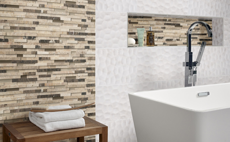 Neutral stone-look bathroom tile backsplash